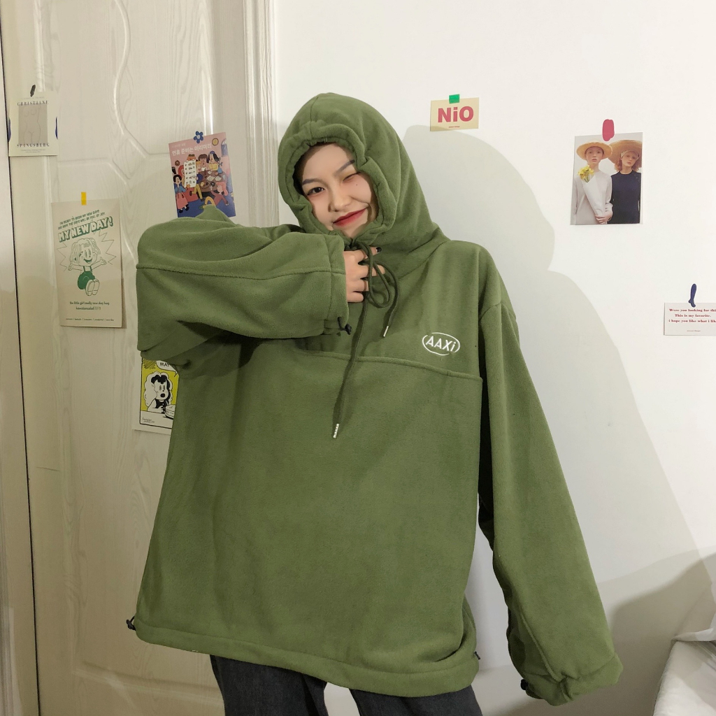 Áo Hoodie Màu Xanh Lá Thêu Chữ Phong Cách Vintage