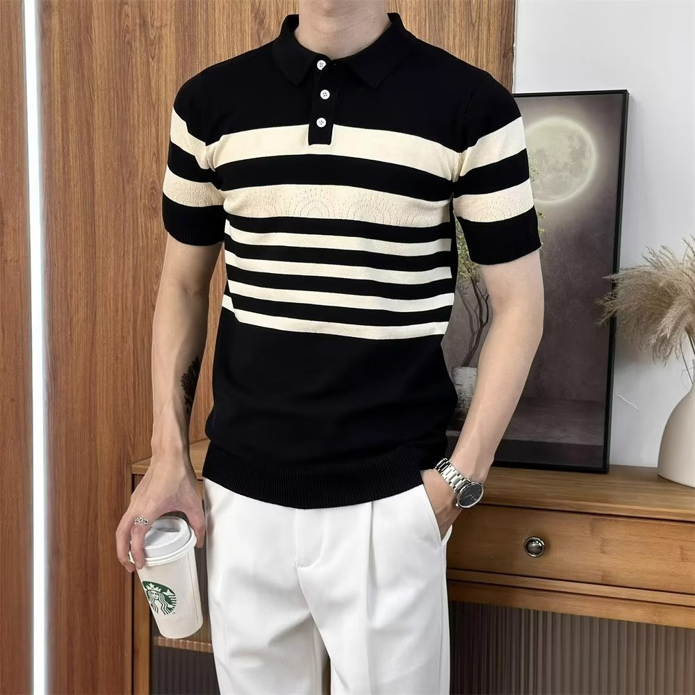 Summer men's ice silk slim-fit short-tay áo polo t-shirt thời trang thanh niên sọc tương phản màu ve áo dệt kim