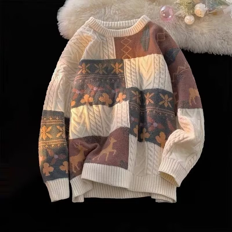 Áo sweater nam AOKANG dáng rộng dệt kim đơn giản phối họa tiết tuần lộc retro Giáng sinh phong cách Hàn Quốc