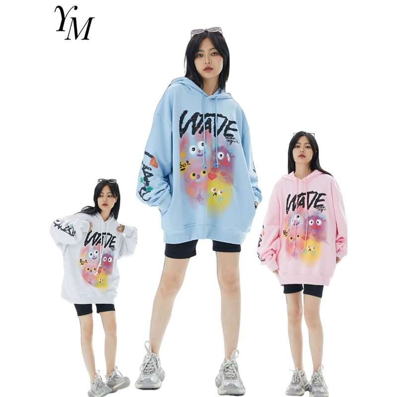 Yi mei dành cho phụ nữ cotton mới của mỹ đường phố graffiti in áo có mũ trùm đầu áo khoác lông cừu đa năng