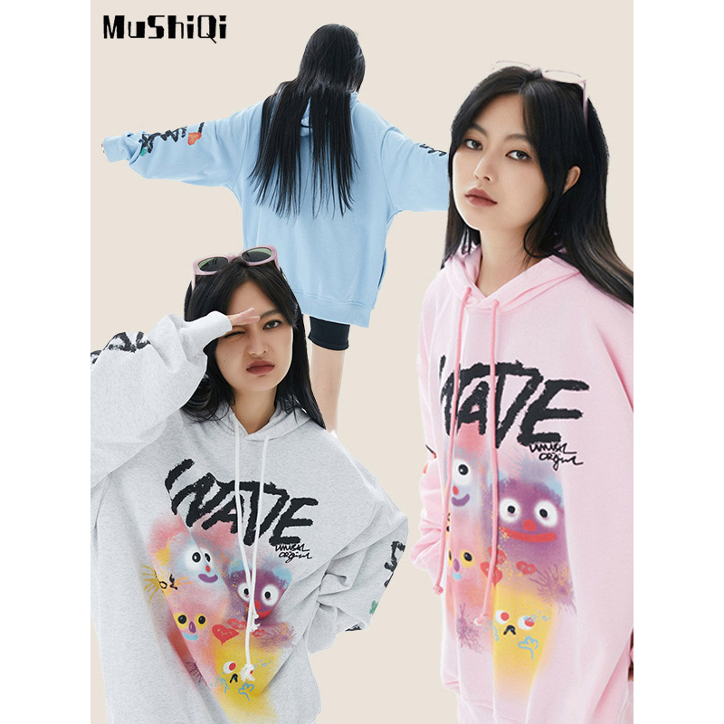 Mushiqi nữ cotton mới của mỹ đường phố graffiti in áo có mũ trùm đầu áo khoác lông cừu đa năng