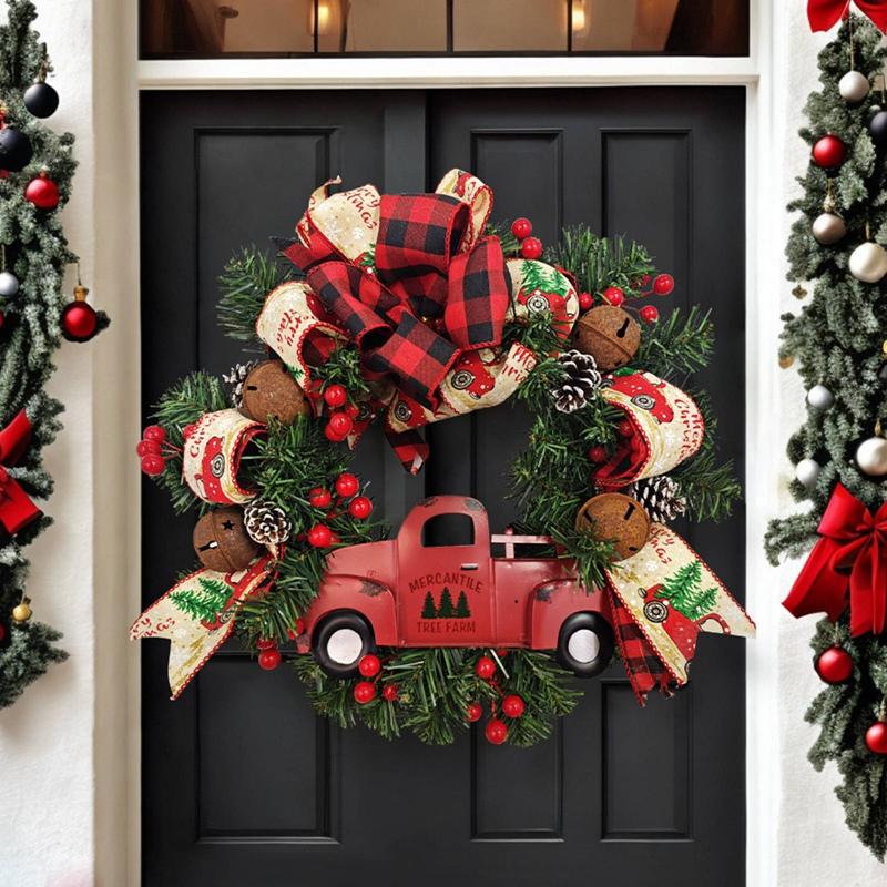 17 inch xe tải vòng hoa giáng sinh cổ điển vòng hoa giáng sinh kẻ sọc nơ-nút vòng hoa cây thông noel đồ trang trí cho trang trí cửa trước trang trí trong nhà ngoài trời