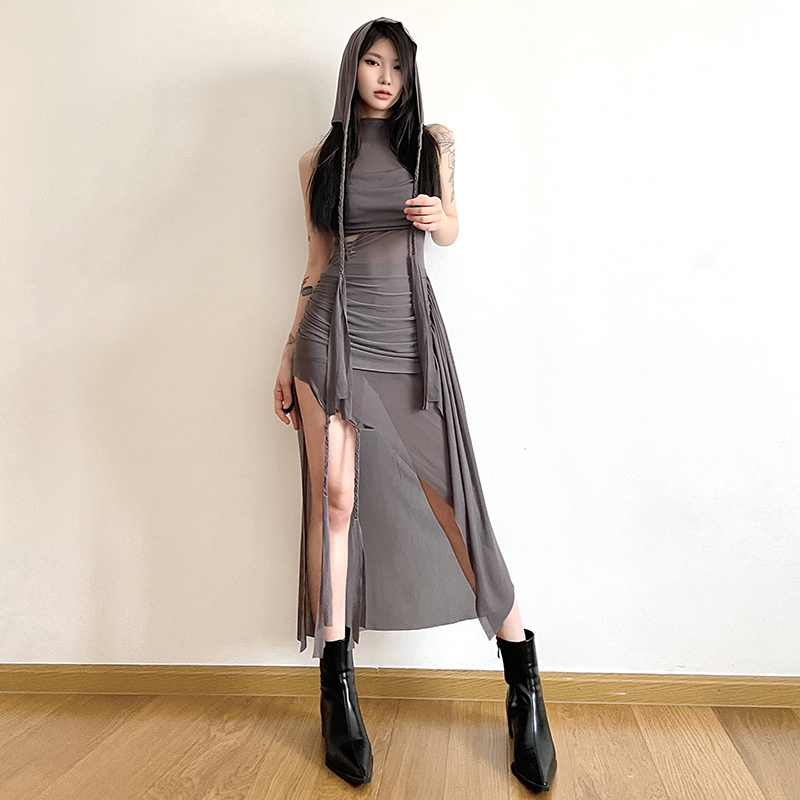 Cutenew thời trang quyến rũ phụ nữ thiết kế không thường xuyên không tay có mũ trùm đầu váy bodycon midi mỏng đơn giản đơn giản mùa hè