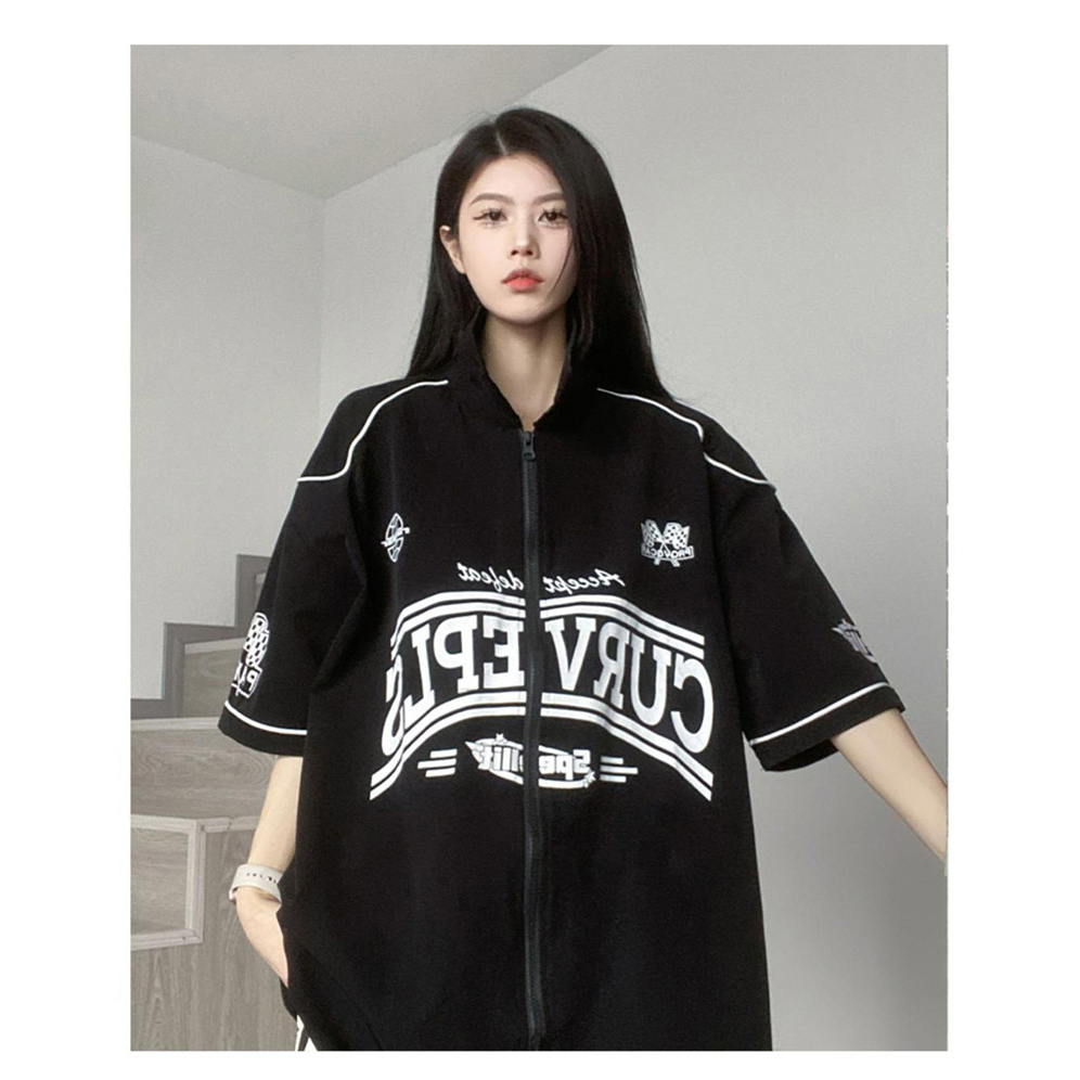 Áo khoác bóng chày SINRANSINYA tay ngắn cổ cao phối khóa kéo thời trang retro cho nam