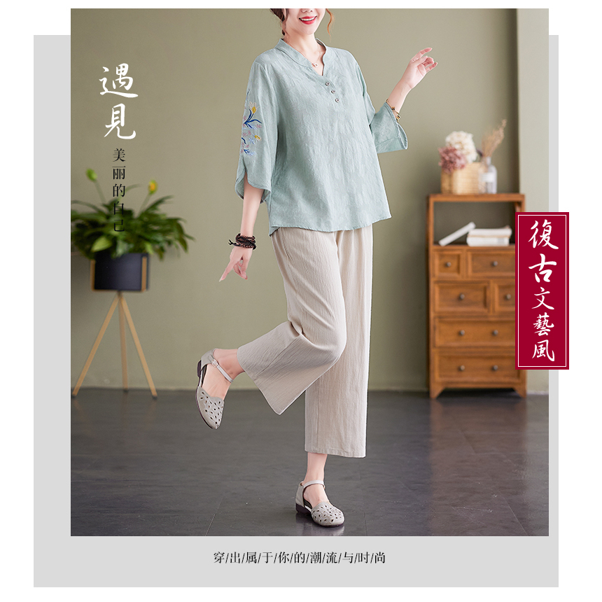 Phong cách trung quốc của phụ nữ mùa hè hàng đầu của phụ nữ áo sơ mi thêu vải lanh trung quốc đa năng giản dị áo sơ mi mới của mẹ