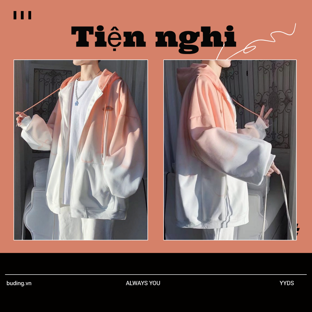 Áo khoác bóng chày có mũ trùm đầu màu gradient phong cách Hàn Quốc thời trang mùa thu cho nam nữ dây kéo cặp đôi jacket size  unisex bigsize form rộng hoodie