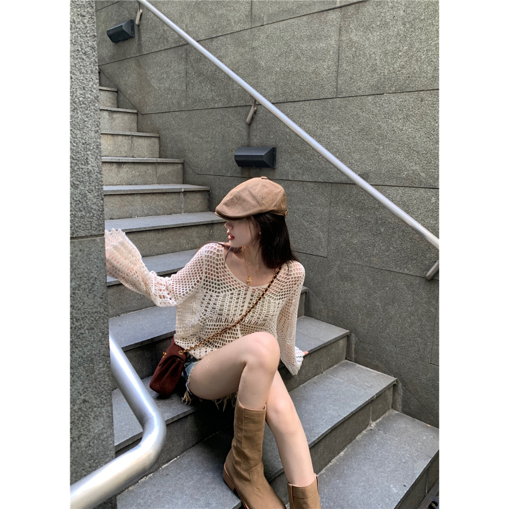Cocory vn Thời trang mùa thu sexy cổ v lỏng lẻo dài tay áo len dệt kim rỗng