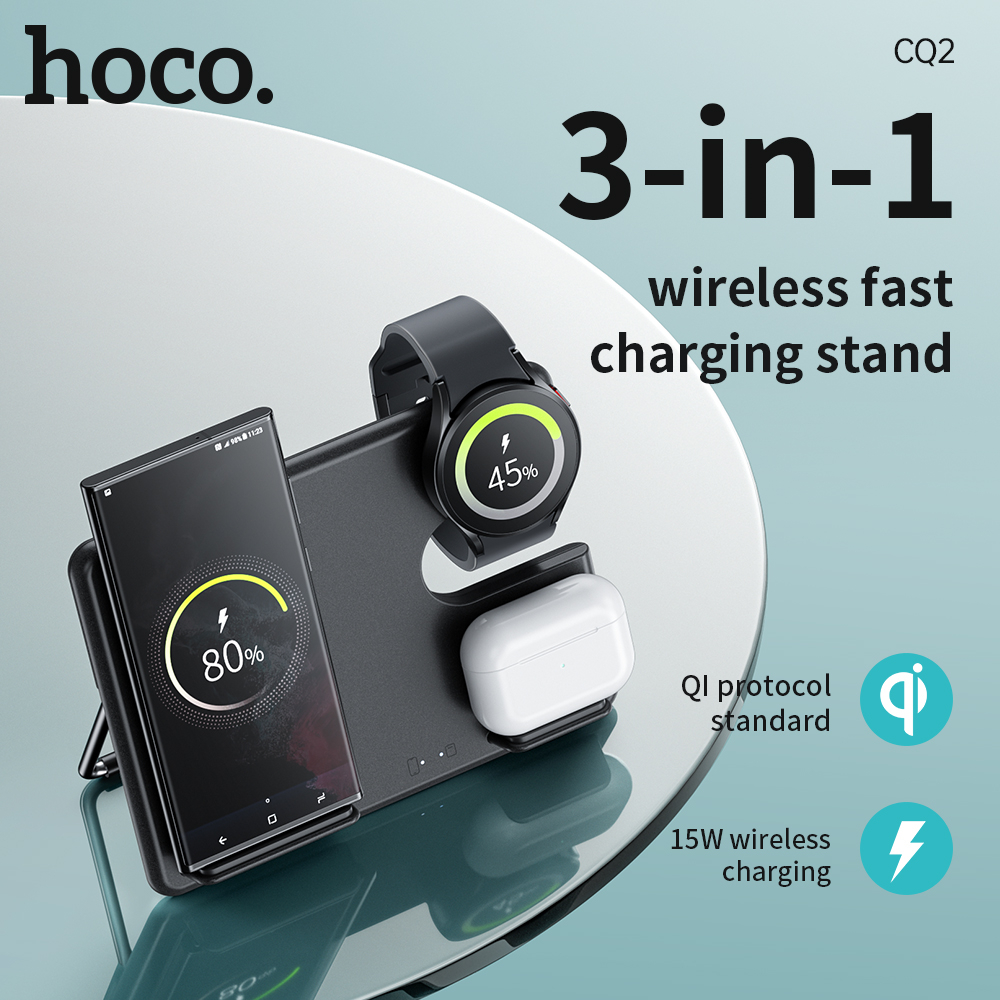 Hoco original cq2 3-in-1 đế sạc nhanh không dây từ tính cho samsung s22 s23 pro cho đồng hồ samsung