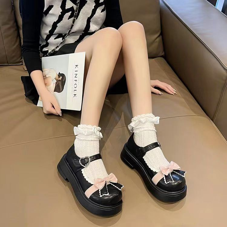 Giày Búp Bê Lolita Cute Mary Jane Đế Cao Dày Nơ Retro Đi Học Sinh Nữ