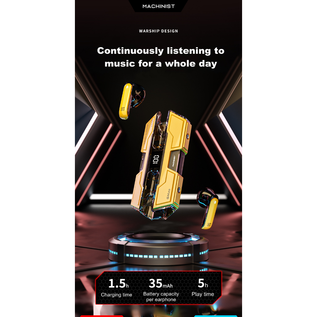 Gm20 bluetooth 5.3 wireless mecha bluetooth earphones with digital display, esports games, low latency, high-definition calls, thoải mái để mặc, và long-lasting battery life