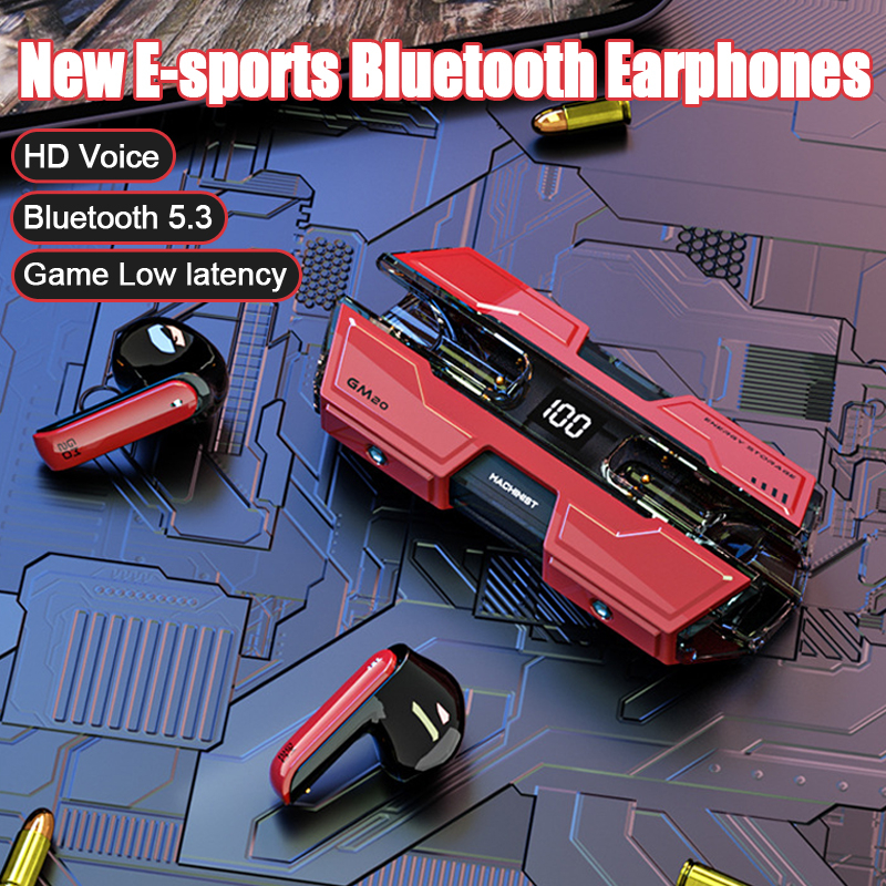 Gm20 bluetooth 5.3 wireless mecha bluetooth earphones with digital display, esports games, low latency, high-definition calls, thoải mái để mặc, và long-lasting battery life