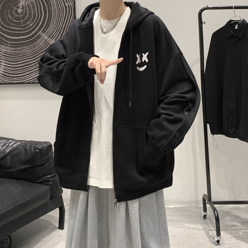 Cardigan sweatshirt nam loose smiley print có mũ trùm đầu all-match spring autumn jacket
