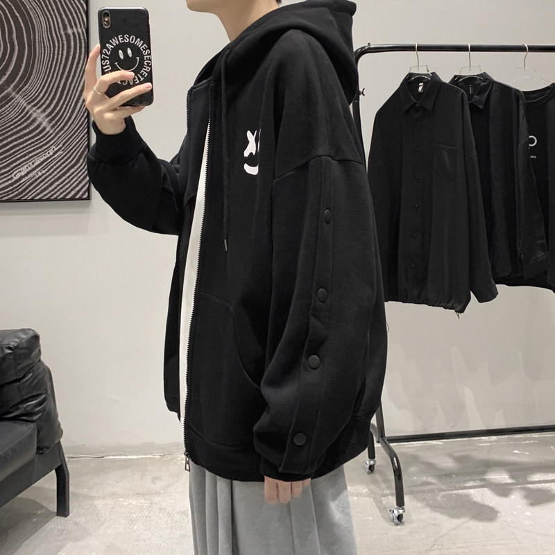 Cardigan sweatshirt nam loose smiley print có mũ trùm đầu all-match spring autumn jacket