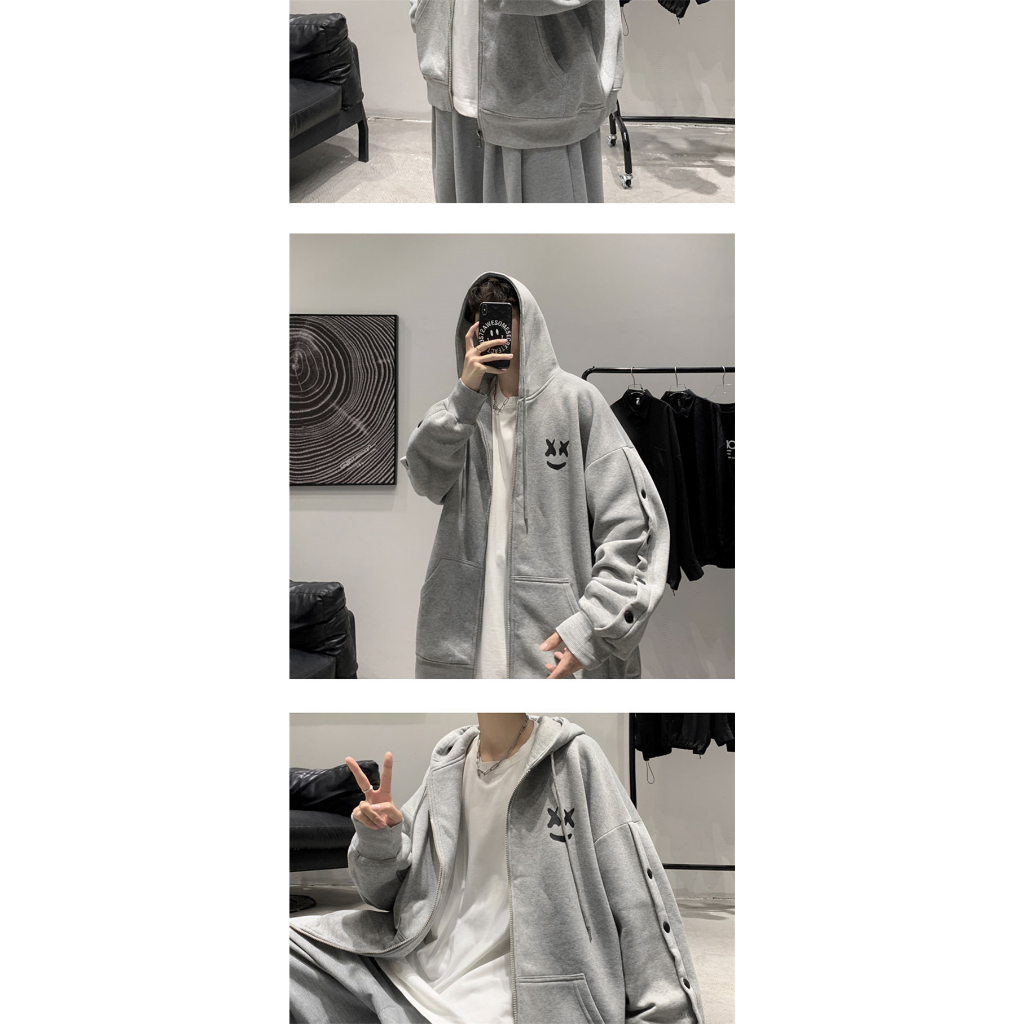 Cardigan sweatshirt nam loose smiley print có mũ trùm đầu all-match spring autumn jacket