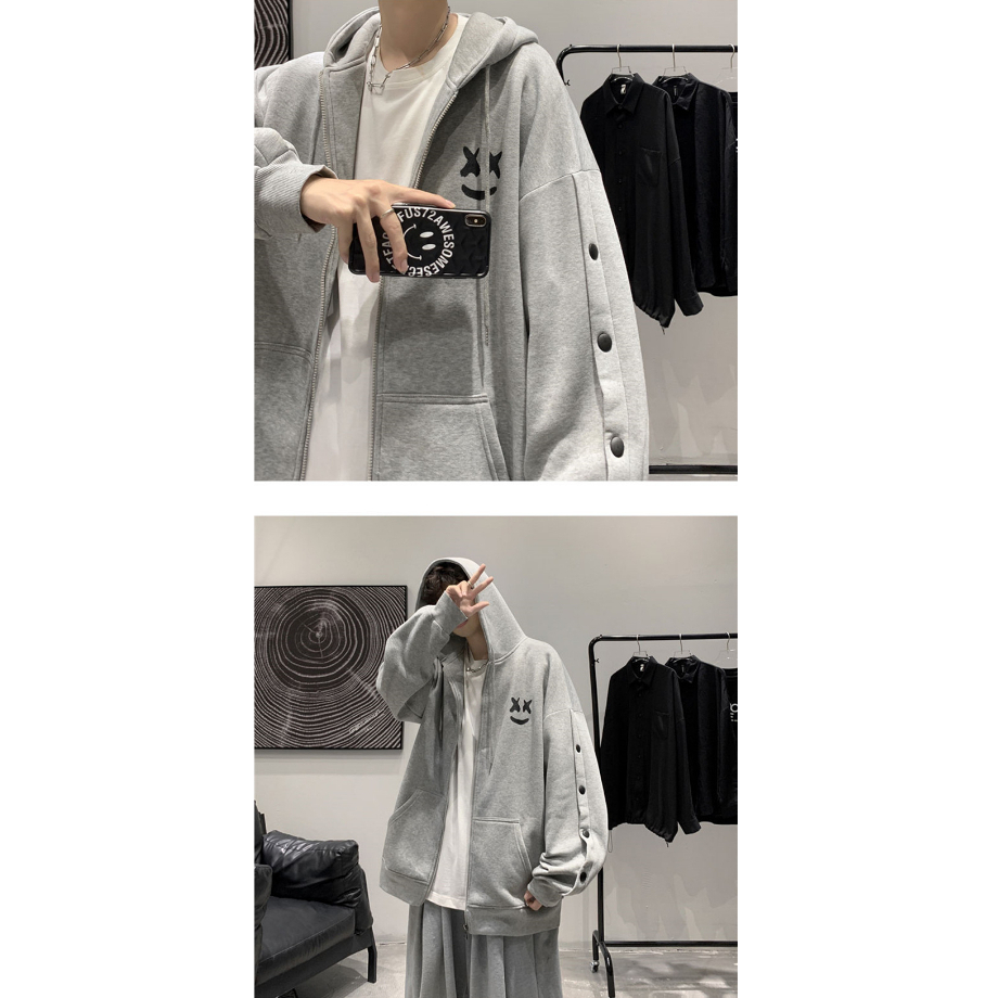 Cardigan sweatshirt nam loose smiley print có mũ trùm đầu all-match spring autumn jacket