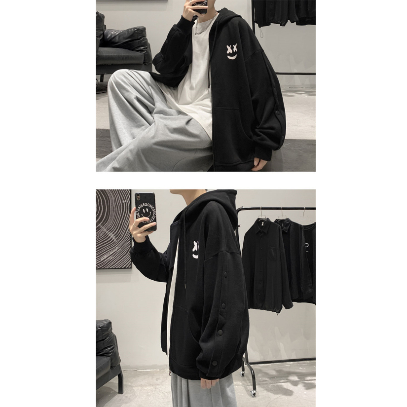 Cardigan sweatshirt nam loose smiley print có mũ trùm đầu all-match spring autumn jacket