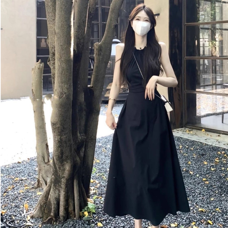 Thiết kế cảm giác rỗng lộ eo halterneck dress của phụ nữ ren-up hẹp eo thon hơn nhìn a-line váy phong cách kỳ nghỉ mi