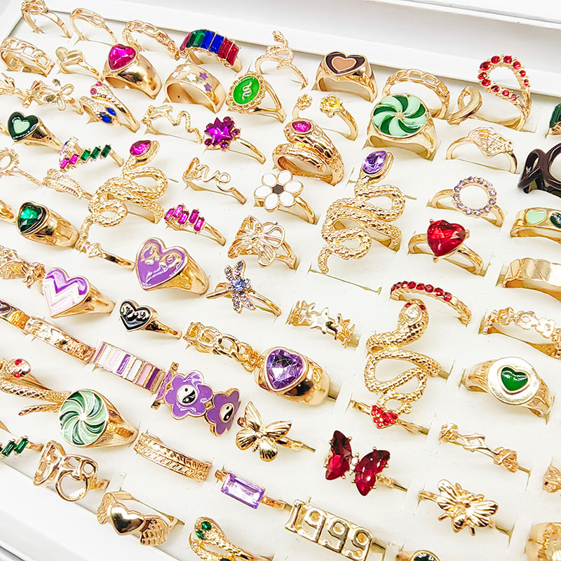 50 cái / lốc nhà máy bán buôn nhẫn tốt hơn phụ nữ đảng trang sức cưới dễ thương rhinestone chuồn chuồn tím men trái tim hoa rắn