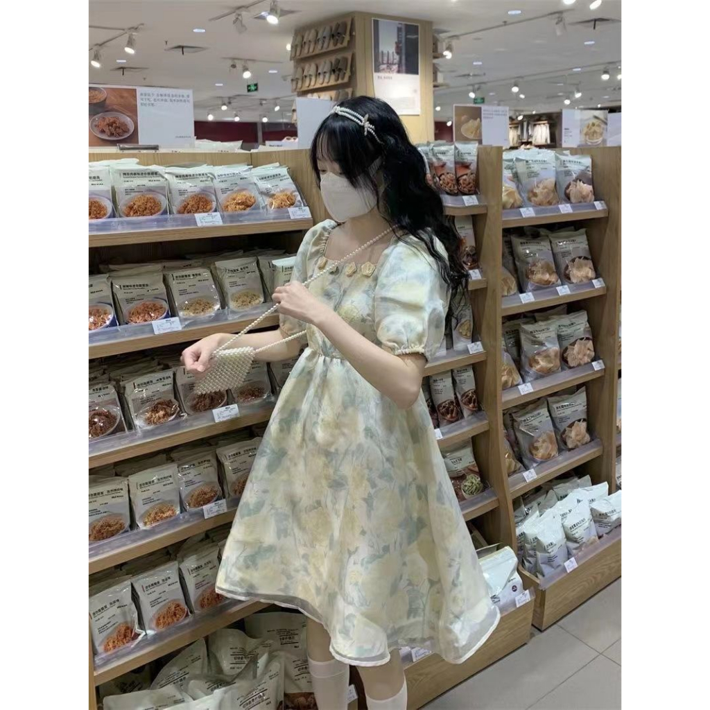 Vitality girl sweet escaping princess dress fairy super fairy forest style green small square collar age-reducing skirt