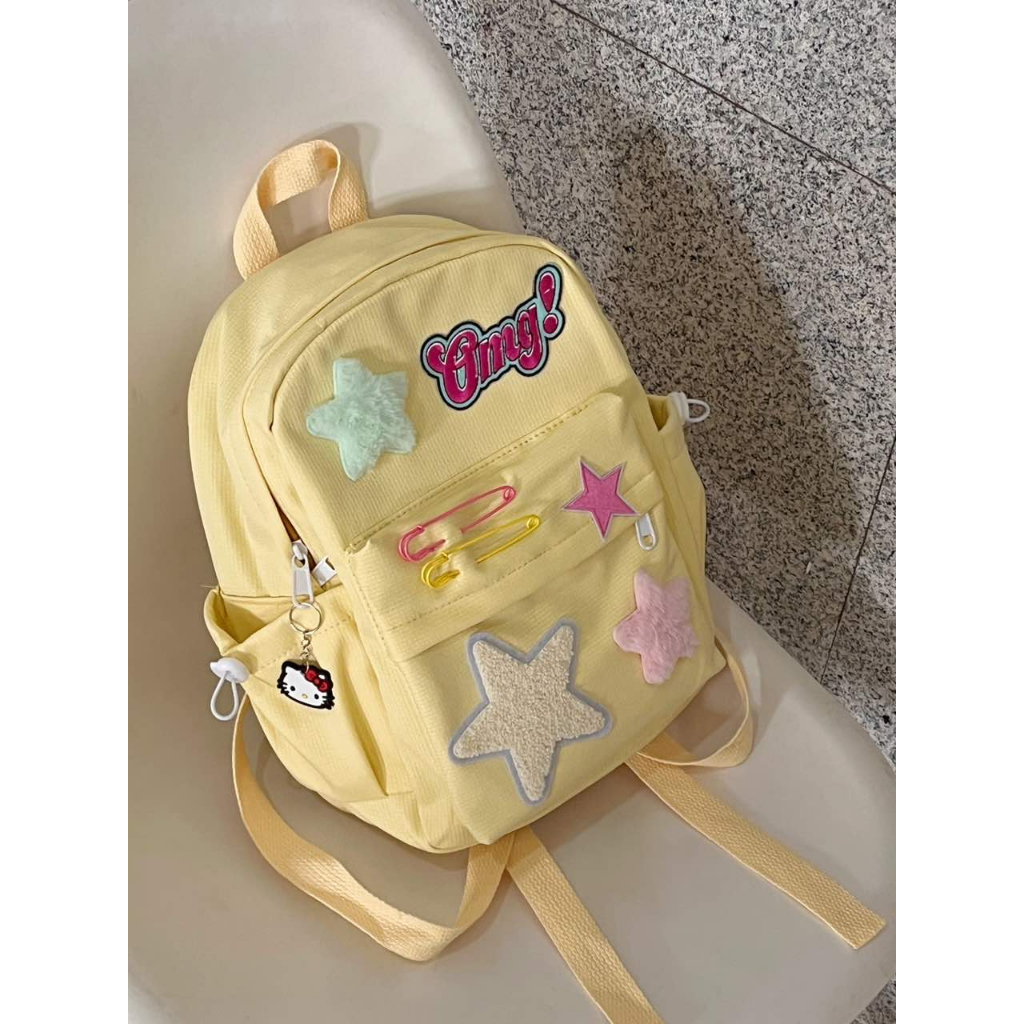 JUST STAR Balo nữ just star màu kem ngôi sao màu vàng túi đi học màu hồng và trắng tương phản kết cấu dễ thương balo dung tích lớn