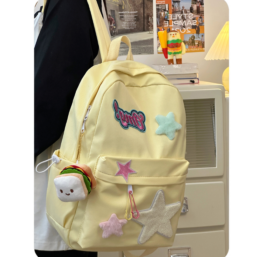 JUST STAR Balo nữ just star màu kem ngôi sao màu vàng túi đi học màu hồng và trắng tương phản kết cấu dễ thương balo dung tích lớn