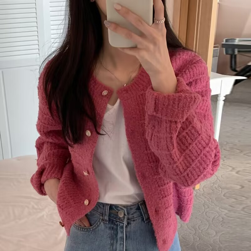 NUZIRO Thời trang hàn quốc màu hồng dài tay áo len dệt kim áo khoác nữ áo khoác ngắn rời