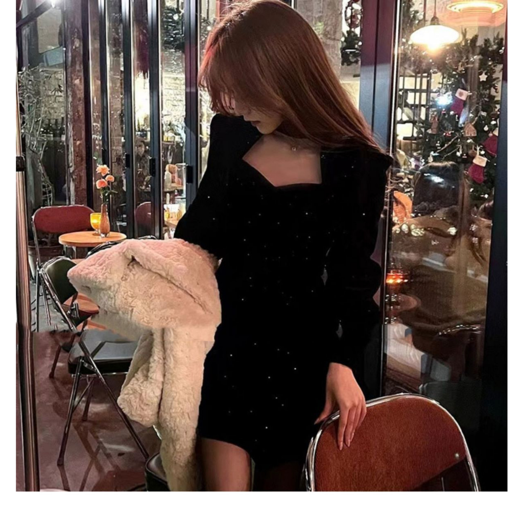 Phong cách hepburn váy nhung đỏ cổ vuông mùa thu đông phong cách mới cuộc họp thường niên váy đen nhỏ