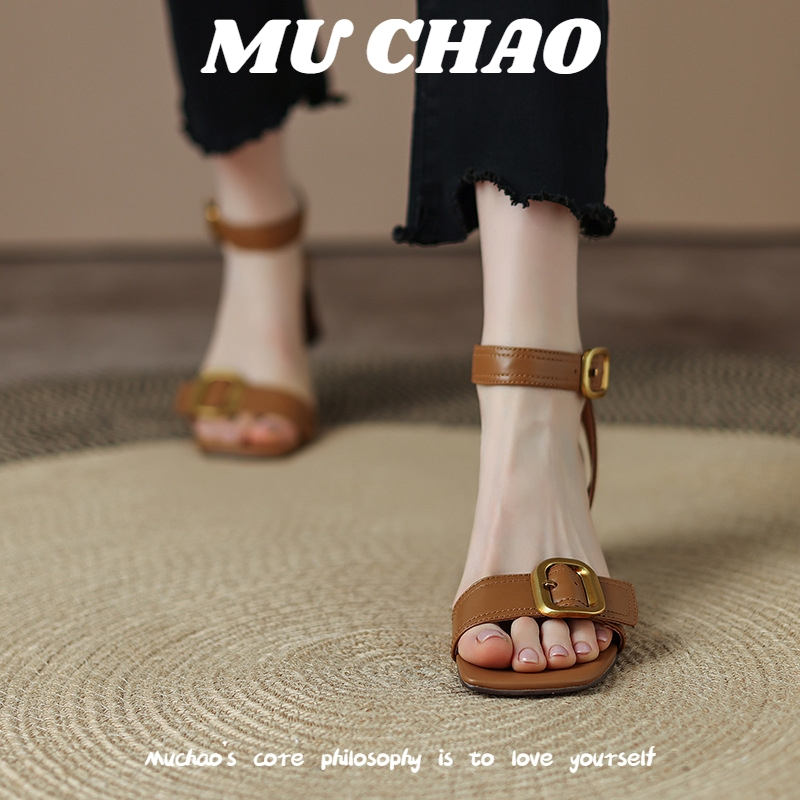 MUCHAO Xăng đan Cao Gót Mũi Vuông Đế Xuồng Một Đường Viền Phong Cách Dành Cho Bạn Nữ