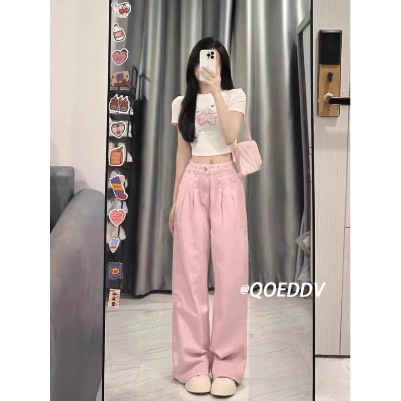 American retro pink straight-leg jeans for women, new high-waisted and loose straight-leg floor-length pants for autumn 2023