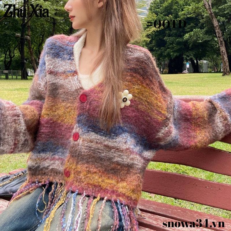 Zhu Xia Áo Khoác cardigan Dệt Kim Cổ Chữ v Màu Sắc gradient Dành Cho Nữ
