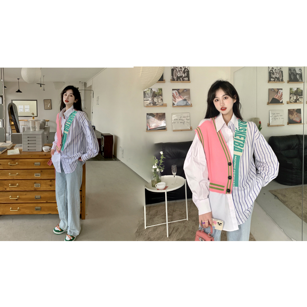 Ready stock chất lượng tốt real shot fake two-piece knitted stitching striped long-sleeved shirt oversize letter in knitted stitching striped shirt loo