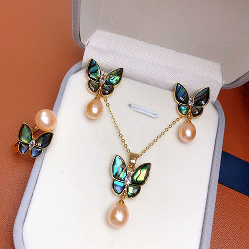Bộ mặt dây chuyền ngọc trai nước ngọt tự nhiên bộ nhẫn thời trang và tinh tế earnail bộ ba mảnh