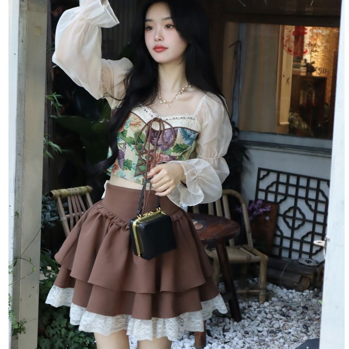 Sara's fairy tale đầu mùa thu phong cách mới cô gái ngọt ngào phù hợp với áo dài tay + váy eo cao nữ
