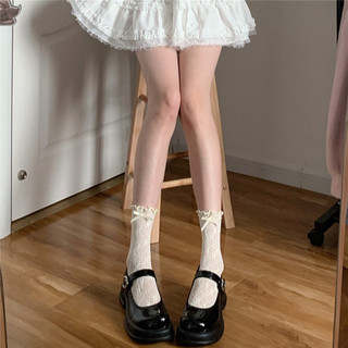 Vớ thụng nữ FHYL ống cao vừa nhiều lớp ren màu trơn đơn giản đính nơ rỗng vintage lolita JK cổ điển Hàn Quốc mùa hè