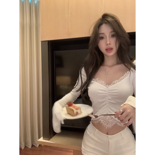 【COLORBLLIND】Ren khâu v-cổ loe tay áo phía dưới áo sơ mi hot girl sexy tight-fitting long-tay ngắn phía trên
