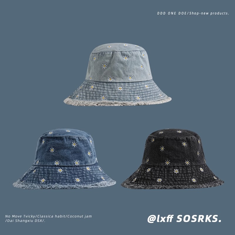 2023 mũ phong cách mới nữ trang trí hoa cúc mùa xuân thu mũ xô denim thời trang all-match rộng