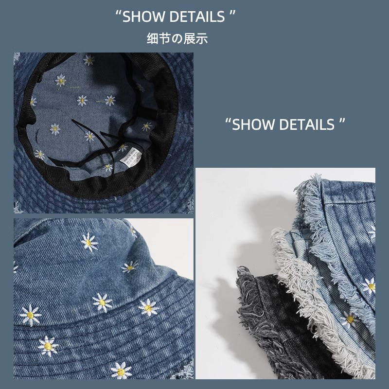 2023 mũ phong cách mới nữ trang trí hoa cúc mùa xuân thu mũ xô denim thời trang all-match rộng