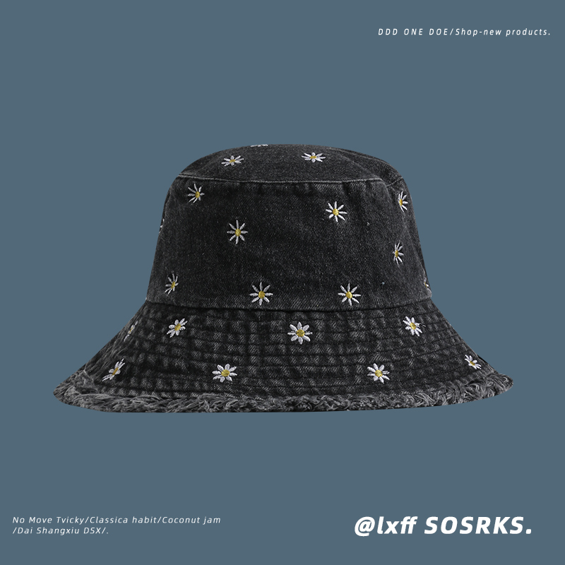 2023 mũ phong cách mới nữ trang trí hoa cúc mùa xuân thu mũ xô denim thời trang all-match rộng