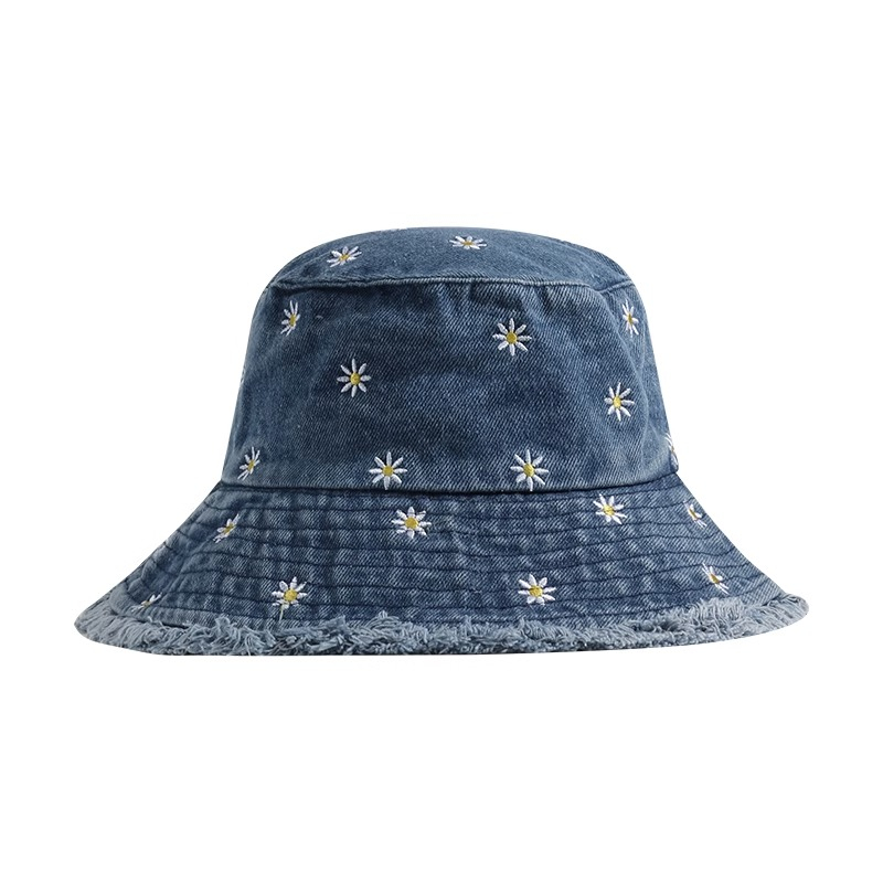 2023 mũ phong cách mới nữ trang trí hoa cúc mùa xuân thu mũ xô denim thời trang all-match rộng