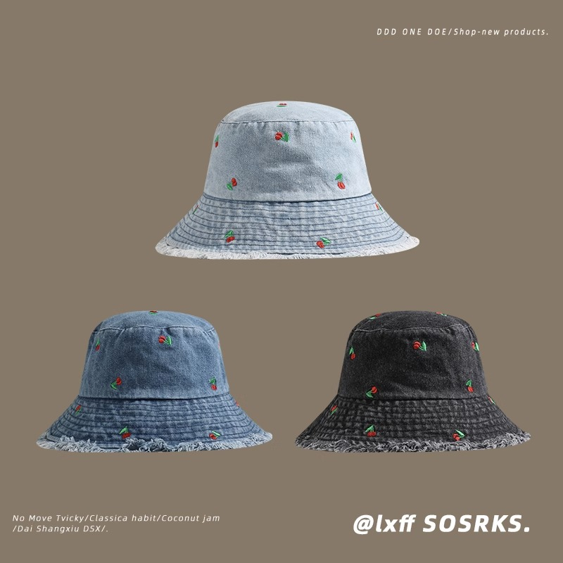 Hat women 2023 new style spring autumn phiên bản hàn quốc all-match wide-brimmed basin hat khoe khuôn mặt bò họa tiết anh đào nhỏ