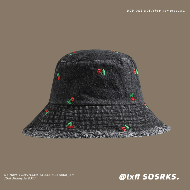 Hat women 2023 new style spring autumn phiên bản hàn quốc all-match wide-brimmed basin hat khoe khuôn mặt bò họa tiết anh đào nhỏ