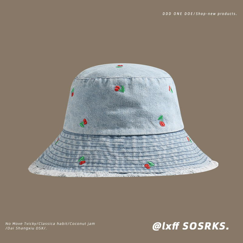 Hat women 2023 new style spring autumn phiên bản hàn quốc all-match wide-brimmed basin hat khoe khuôn mặt bò họa tiết anh đào nhỏ