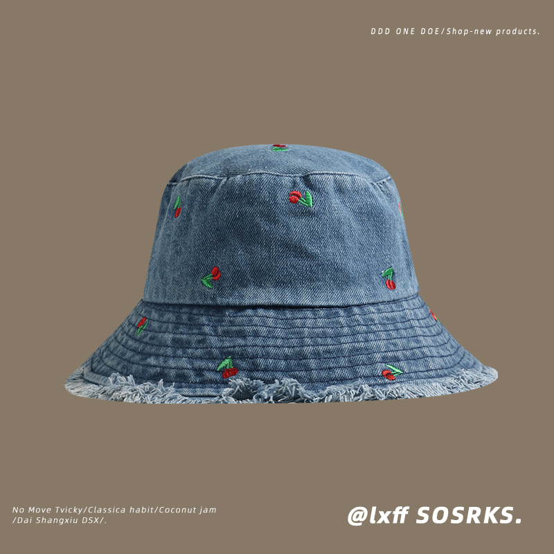 Hat women 2023 new style spring autumn phiên bản hàn quốc all-match wide-brimmed basin hat khoe khuôn mặt bò họa tiết anh đào nhỏ