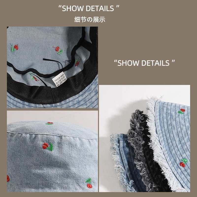 Hat women 2023 new style spring autumn phiên bản hàn quốc all-match wide-brimmed basin hat khoe khuôn mặt bò họa tiết anh đào nhỏ