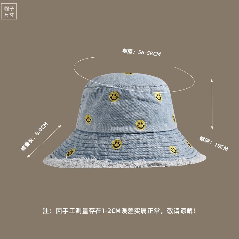 Hat women 2023 phong cách mới hình mặt cười frayed cowboy bucket hat phiên bản hàn quốc all-match small wide-brimmed b