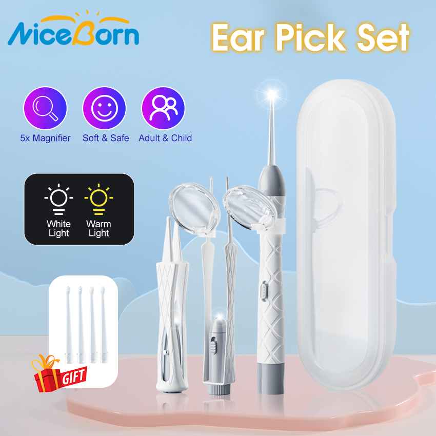 Niceborn ear pick nhíp phát sáng có thể sạc lại led ear spoon ear wax removal ear cleaner dụng cụ làm sạch tai an toàn dụng cụ làm sạch tai với 2 kính lúp 4 đầu thìa tai cho trẻ em người lớn