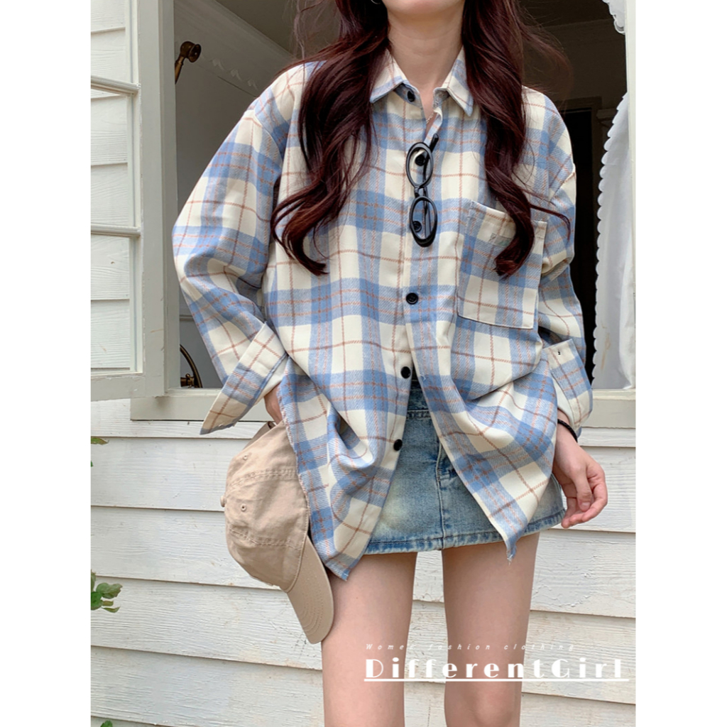 Retro harbor wind xiaozhainv hàn quốc mùa thu mỏng polo cổ áo sơ mi kẻ sọc