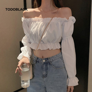 Áo croptop TODOBLACK trễ vai tay dài phồng màu trơn sexy cho nữ