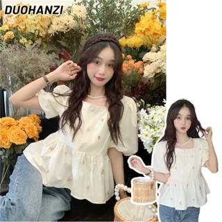 DUOHANZI  Áo Sơ Mi Tay Ngắn Phồng Cổ Vuông In Họa Tiết Hoa Phong Cách Phương Tây Ngọt Ngào Thời Trang Cho Nữ