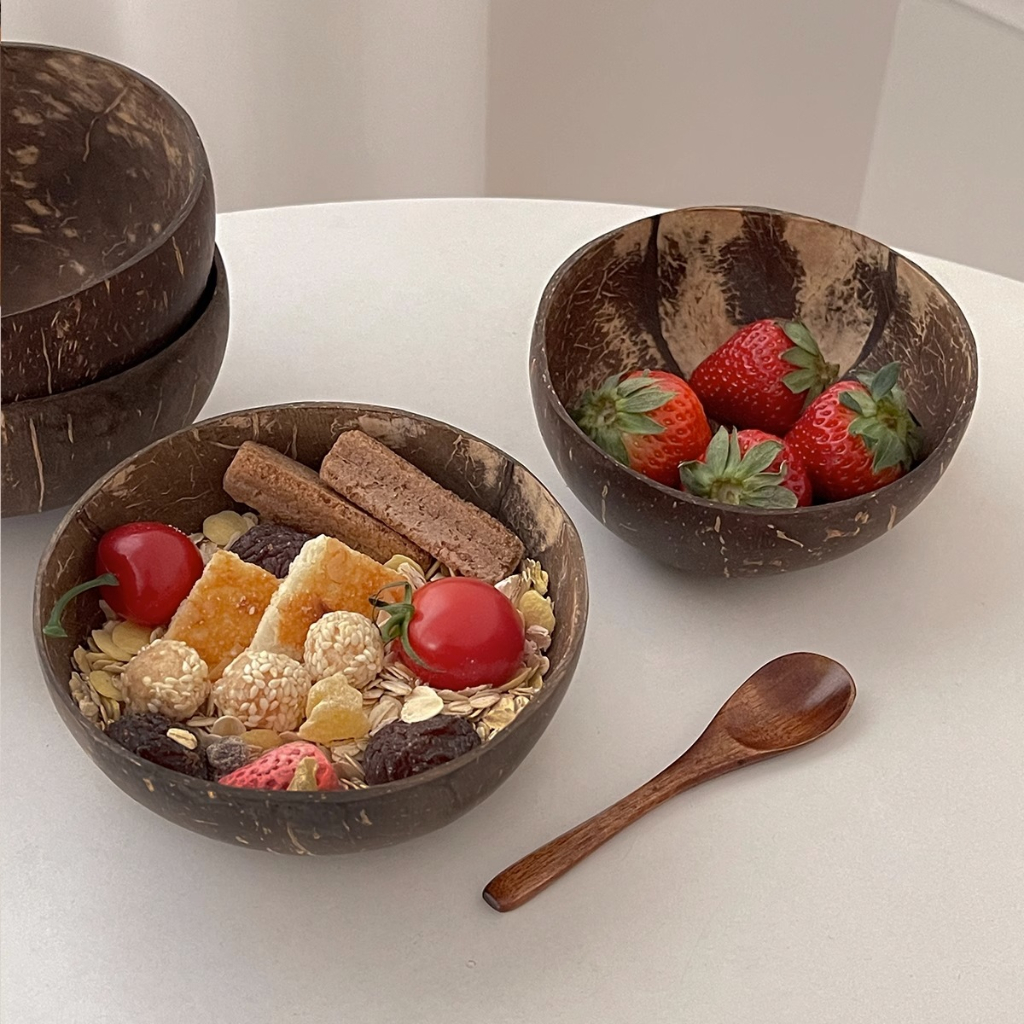 Dừa bát trái cây sữa lắc salad bát gỗ muỗng bộ đồ ăn nĩa